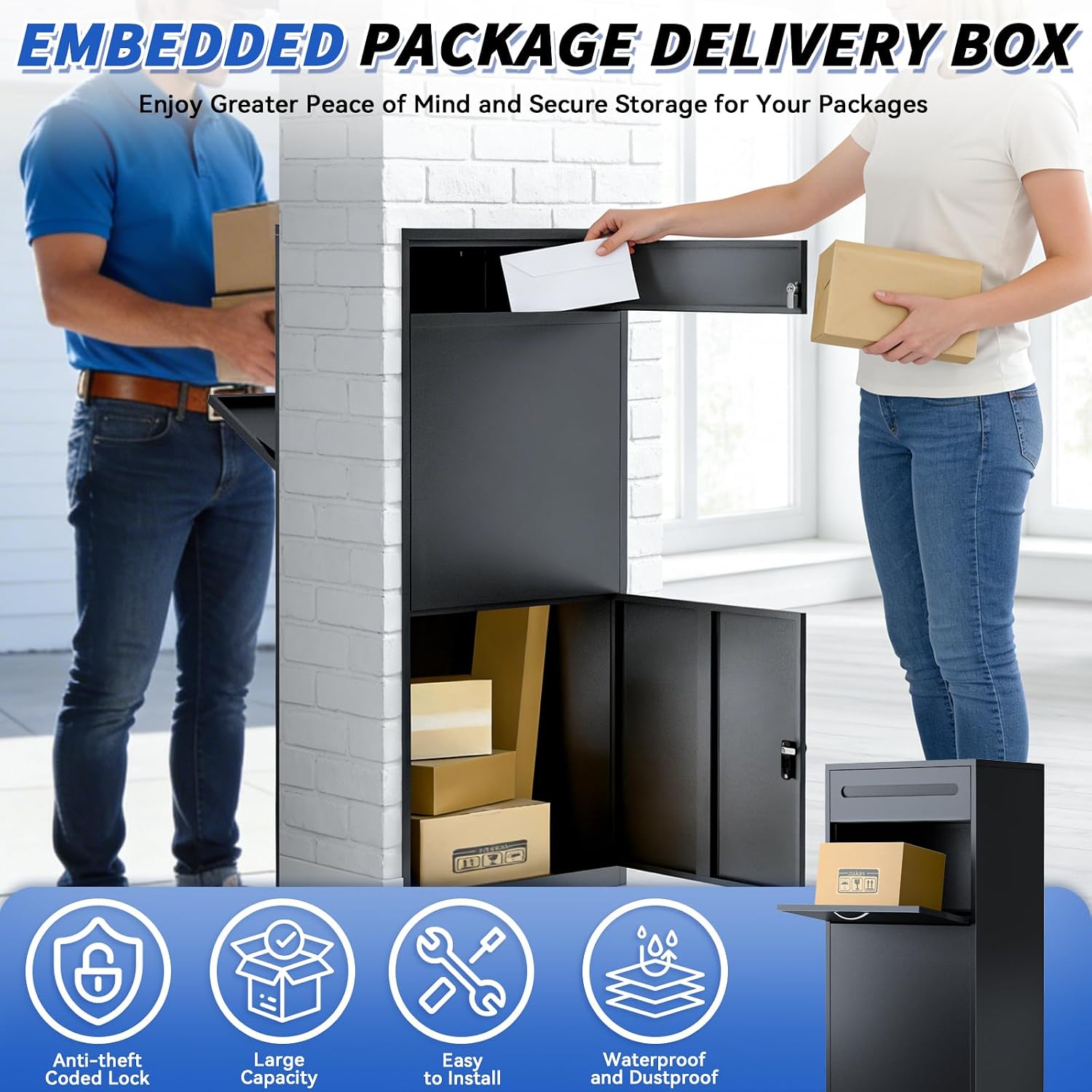47IN Front in Back Out Package Delivery Box for Outside, Extra Large Parcel Drop Boxes with Secure Storage, Ultra Anti-Theft Parcel Mailbox Suitable for Home, Office, Shop, Business