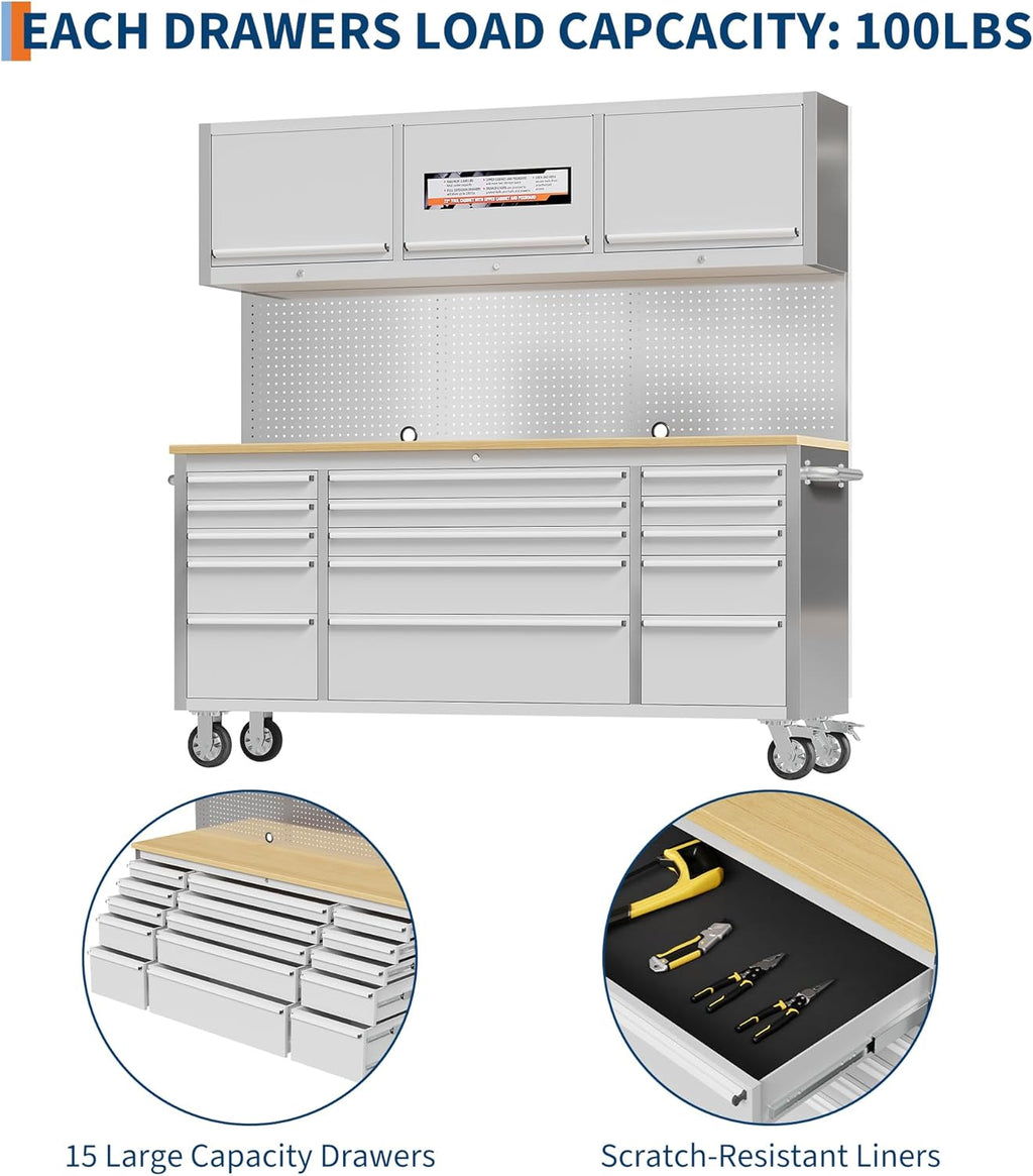 PeakPursuit 72' Rolling Tool Chest with 15 Drawers, Solid Rubber Wood Workbench Top, Locking Wheels & Key Lock, Mobile Garage Tool Cabinet for Workshop Storage and Organization, Silver