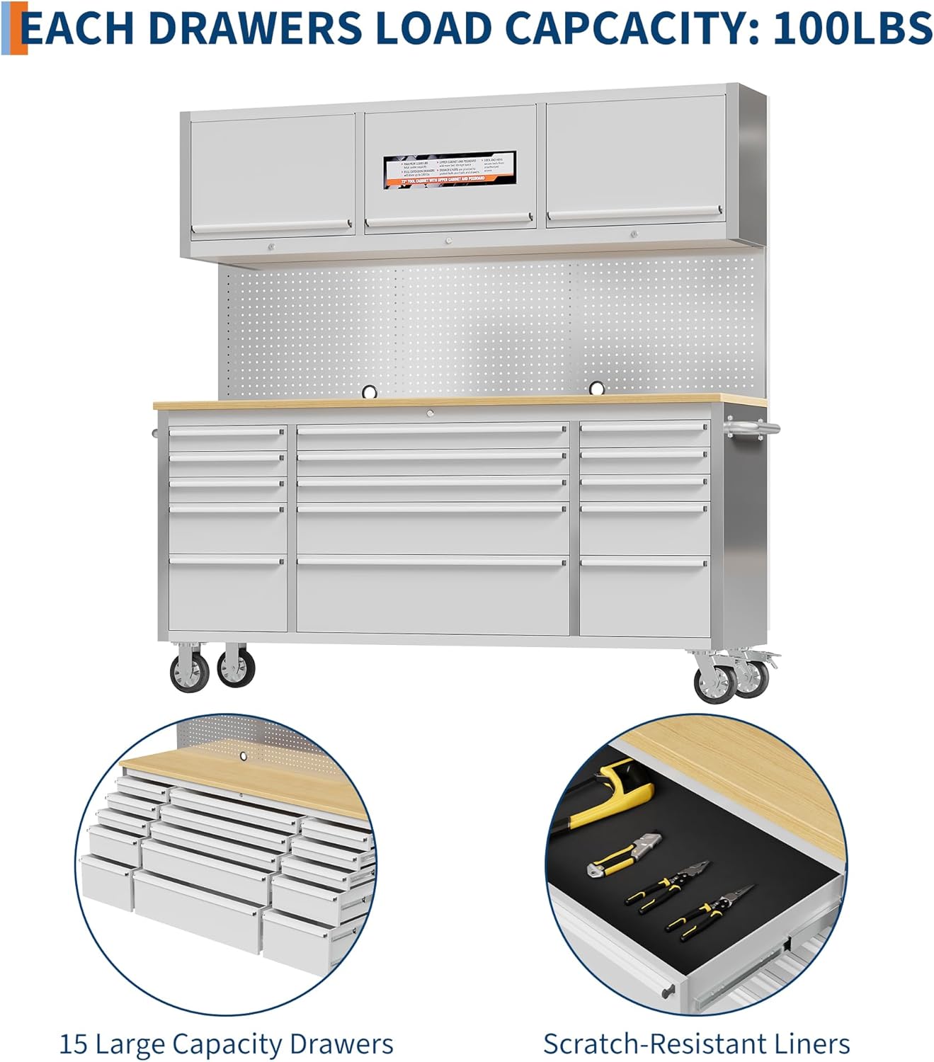 PeakPursuit 72' Rolling Tool Chest with 15 Drawers, Solid Rubber Wood Workbench Top, Locking Wheels & Key Lock, Mobile Garage Tool Cabinet for Workshop Storage and Organization, Silver