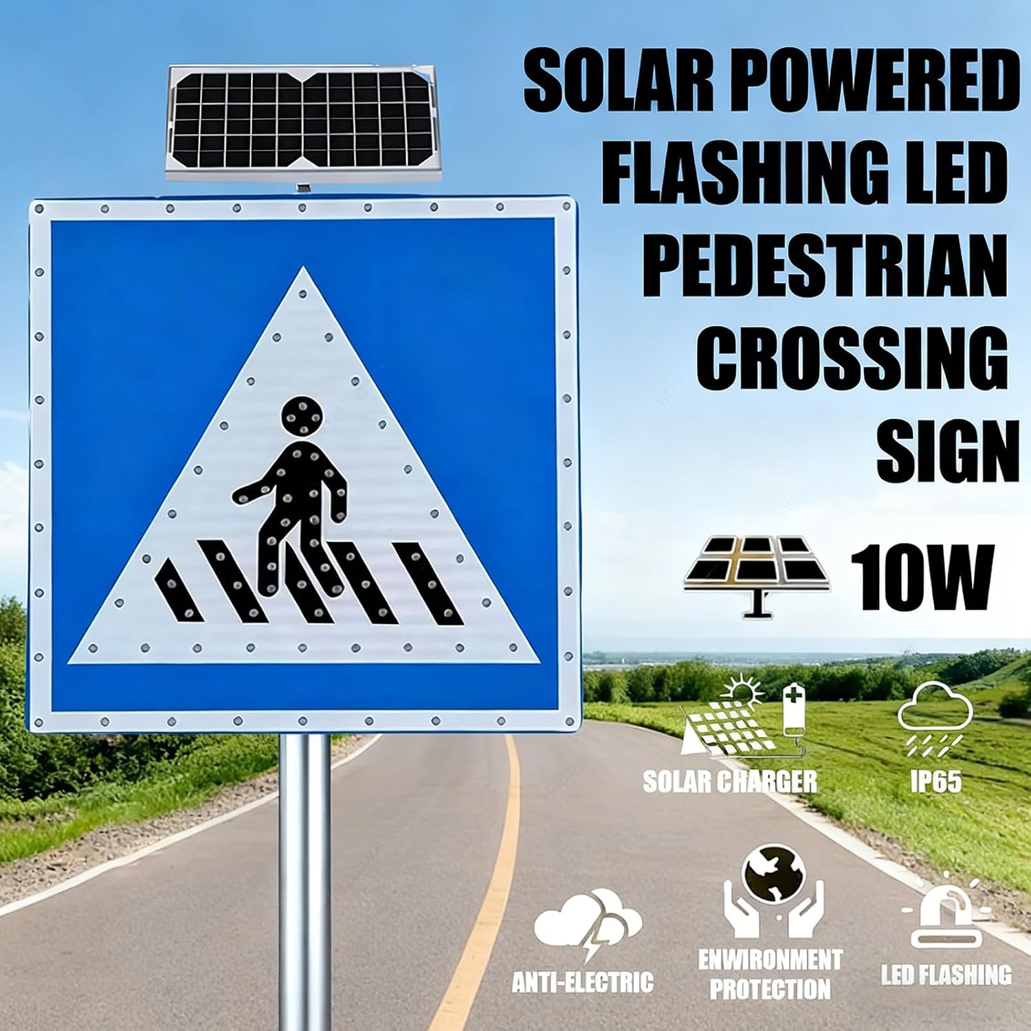 Outdoor Solar Lights for Gardens, Solar LED Flashing Lights for Pedestrian crossings and Accessories, Road Safety Signs for Pedestrian crossings 30in