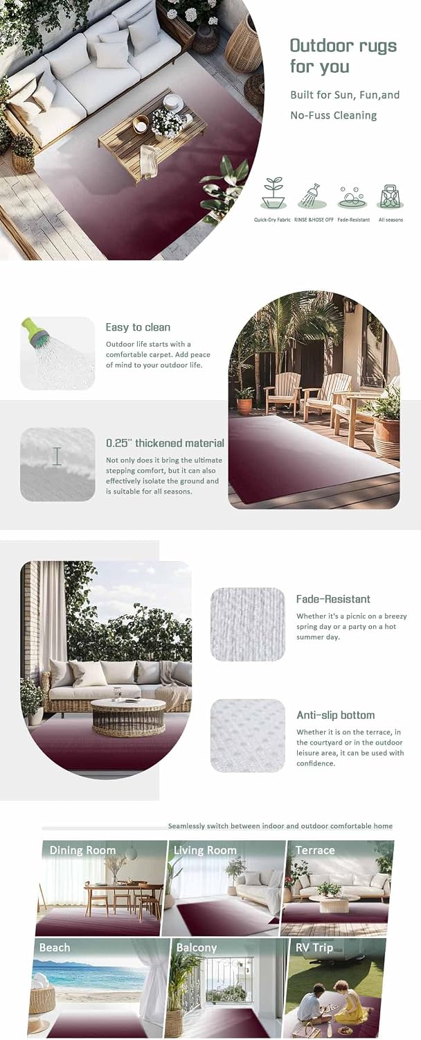 Outdoor Rug 4x6ft Gradient Claret and White Color Patio Area Rugs Waterproof Easy Cleaning Non Shedding Thick Mats Minimalist Carpet for Indoor Outdoor Porch Deck Backyard Balcony