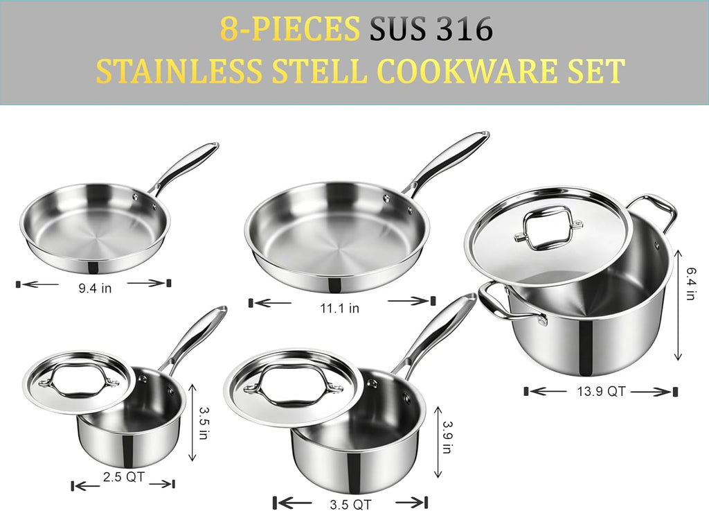 5 Ply Stainless Steel Cookware Set,8-Piece,Professional Kitchen Cooking, Heavy Chef Quality,PFOA, PTFE & PFOS Free,Induction, Non-Toxic, Oven Safe,Best 18/8 Full Clad