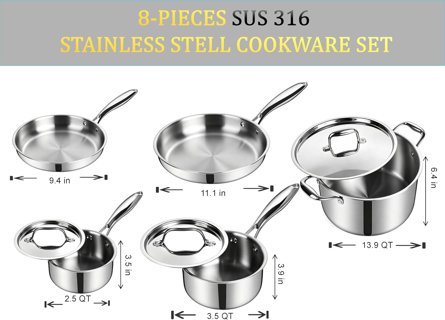 5 Ply Stainless Steel Cookware Set,8-Piece,Professional Kitchen Cooking, Heavy Chef Quality,PFOA, PTFE & PFOS Free,Induction, Non-Toxic, Oven Safe,Best 18/8 Full Clad