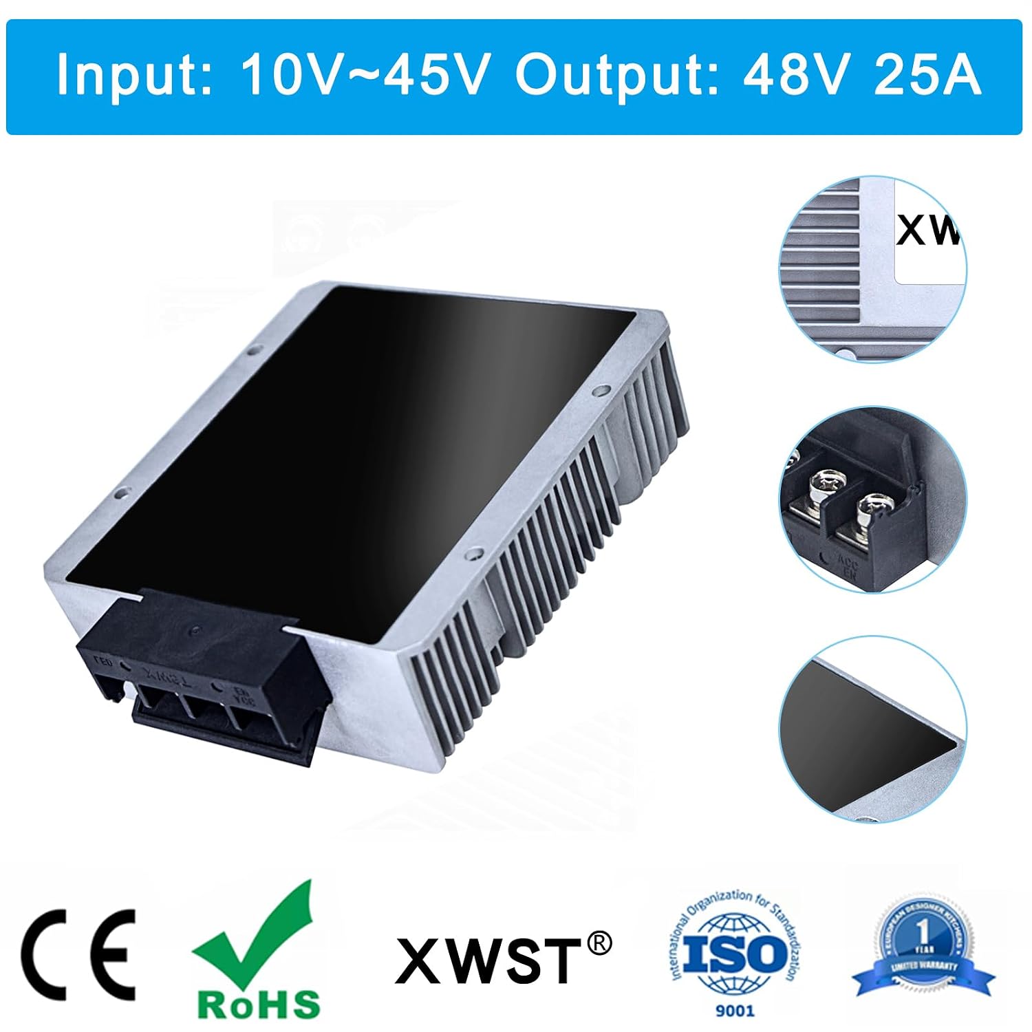 DC 12V 24V 36V to DC 48V 25A Boost Converter 10-45V to 48V 1200W Step-Up Power Supply Waterproof IP67 Regulator Module for Golf Carts LED Solar Cars Trucks Vehicles (XW-1045-48-25A)