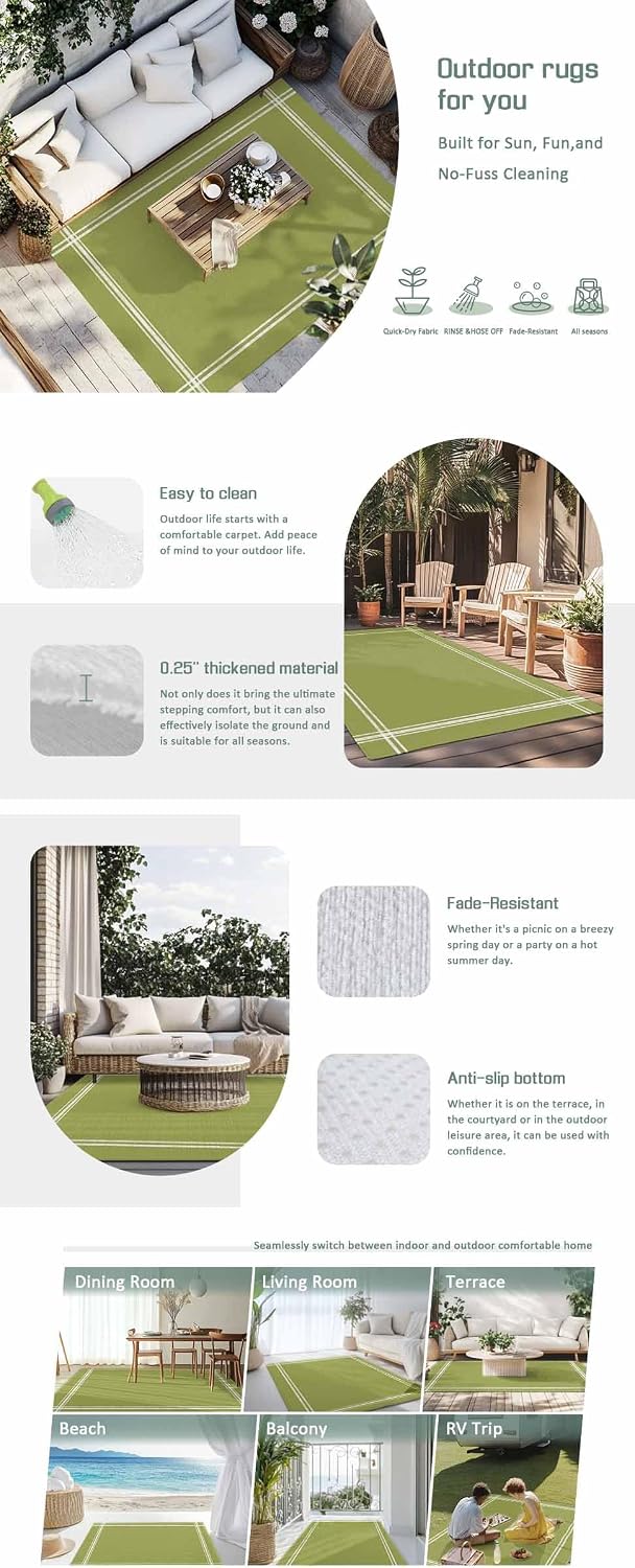 Outdoor Rug 4x6ft Color Olive Patio Area Rugs Waterproof Easy Cleaning Non Shedding Thick Mats Solid Carpet for Indoor Outdoor Porch Deck Backyard Balcony