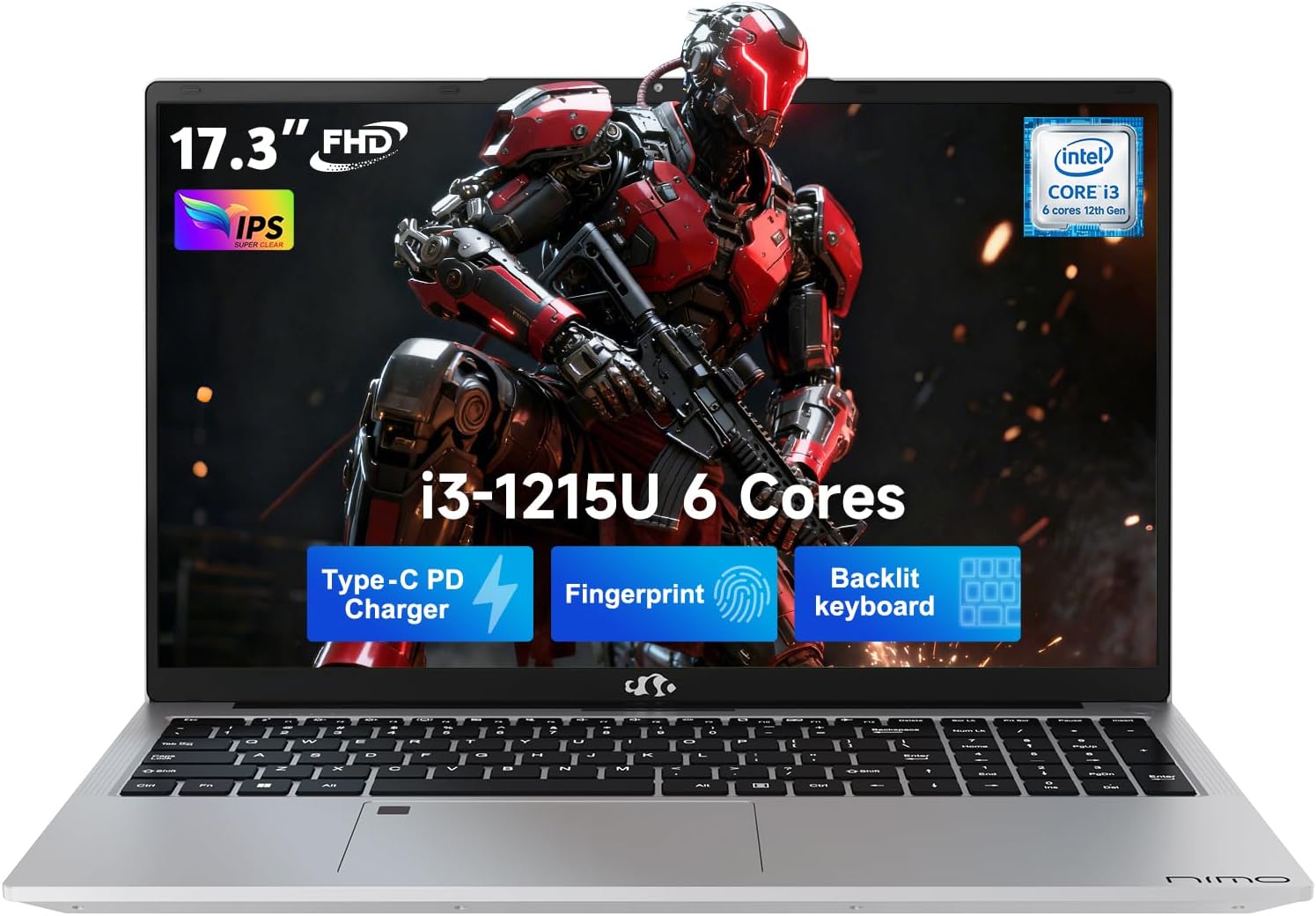 NIMO 17.3' FHD IPS Laptop, Intel Core i3-1215U (Beats i5-1135G7 Class), 32GB RAM, 1TB SSD, Windows 11 Home, Wi-Fi 6, Backlit Keyboard, Fingerprint, USB-C 65W Fast Charge, Bluetooth 5.2, 180° View