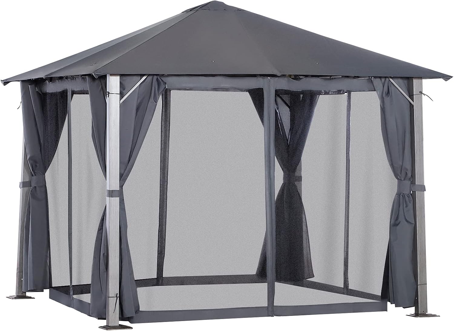 Outsunny 10' x 10' Patio Gazebo, Outdoor Gazebo Canopy Shelter with Netting & Curtains, Vented Roof, for Garden, Lawn, Backyard and Deck, Dark Gray