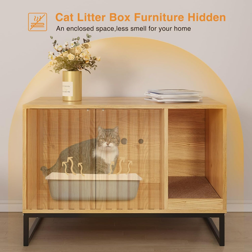 Halitaa Litter Box Enclosure, Modern Cat Litter Box Enclosure Furniture Hidden Litter Box with Scratch Pad, Cat Washroom House End Table, Entryway Bench for Livingroom (Natural)