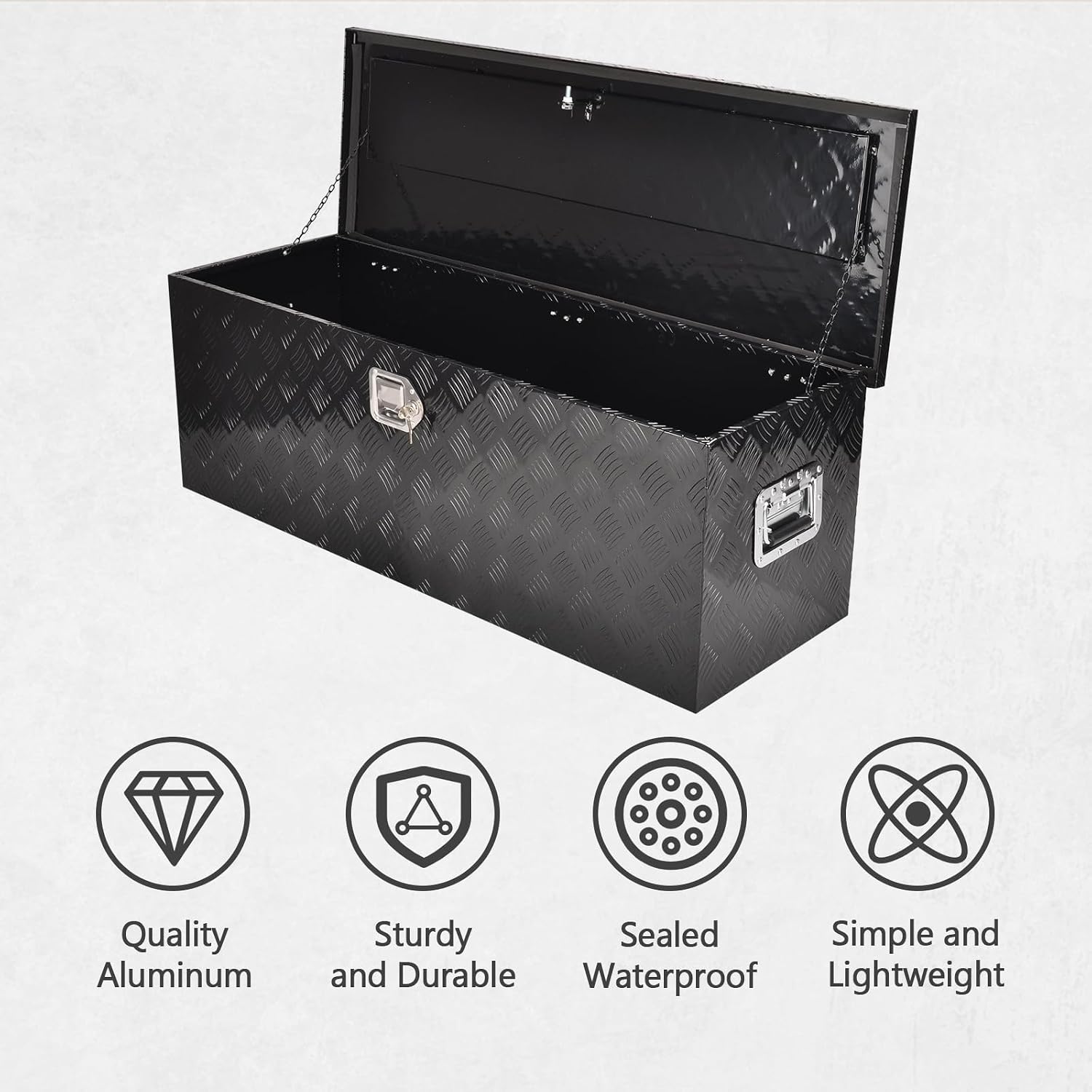 44 Inch Heavy Duty Aluminum Truck Tool Box Pick Up Truck Bed RV Trailer Toolbox Storage Organizer with Side Handle, Lock & Keys，Black,5 Bar Tread 44'(L) X15''(W) X15(H) Storage Box