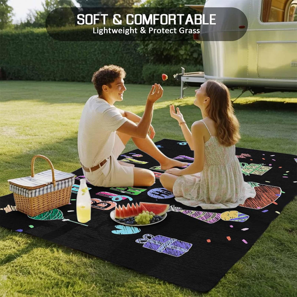 Outdoor Rug 4x6ft Happy Birthday Colorful Line Cake Present Box Patio Area Rugs Waterproof Easy Cleaning Non Shedding Thick Mats Black Carpet for Indoor Outdoor Porch Deck Backyard Balcony