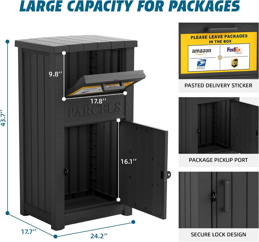 LHBGO Package Delivery Box with Sign, Lockable & Weatherproof Anti-Theft Parcel Delivery Box for Porch, Curbside, Patio，Black