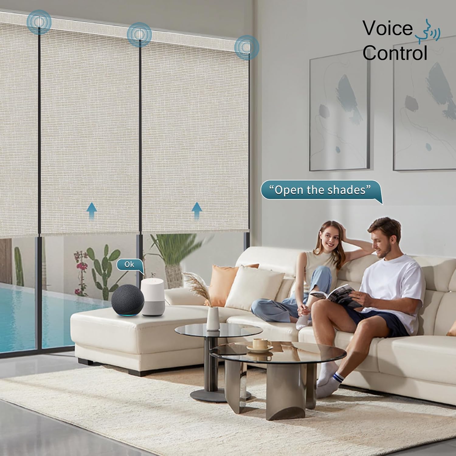 Motorized Roller Shade,100% Blackout Smart Window Blinds Work with Homekit, Alexa, Google Home, Remote Control, Electric Blinds with USB/Solar Pannel,Custom up110''Wx120''H,Texture Cream