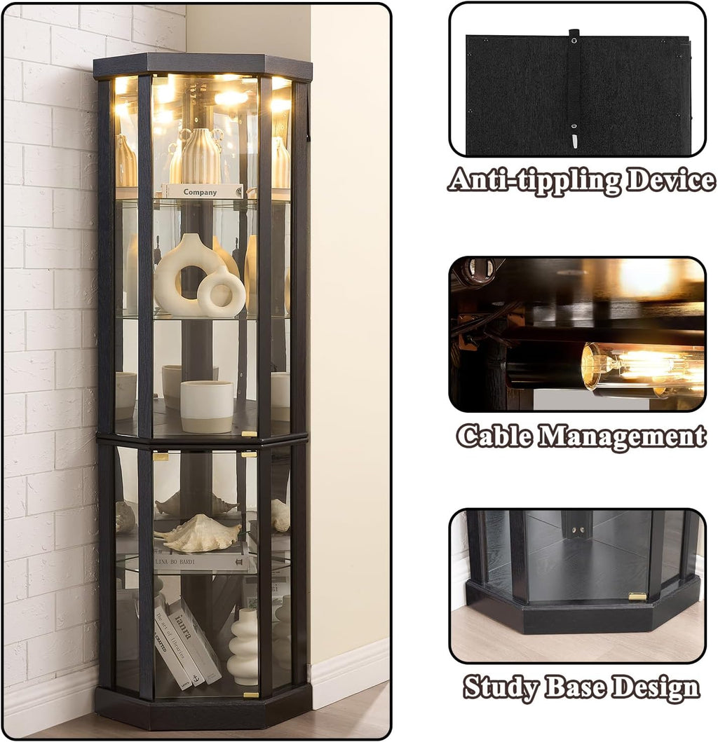 69' H Lighted Corner Display Cabinet, 5-Tier Wooden Curio Glass Cabinet with Adjustable Shelves & Glass Door, Corner Storage Display Case with Mirrored Back Pane for Living Room (Black)
