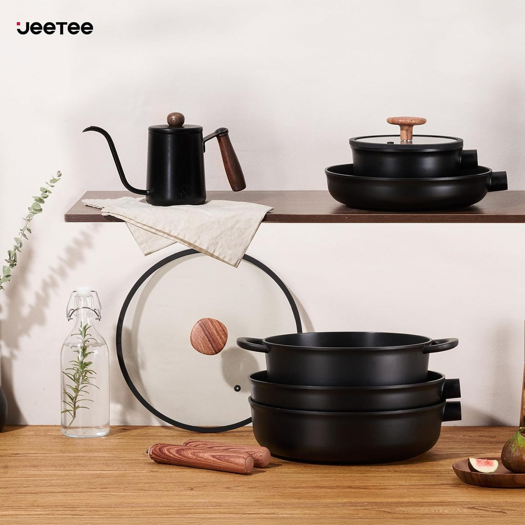 JEETEE Ceramic Cookware Set, 15 PCS Pots and Pans Set Non Stick with Removable Handles, Non Toxic Induction Kitchen Cookware Sets, Oven Safe PFAS/PFOA Free Black