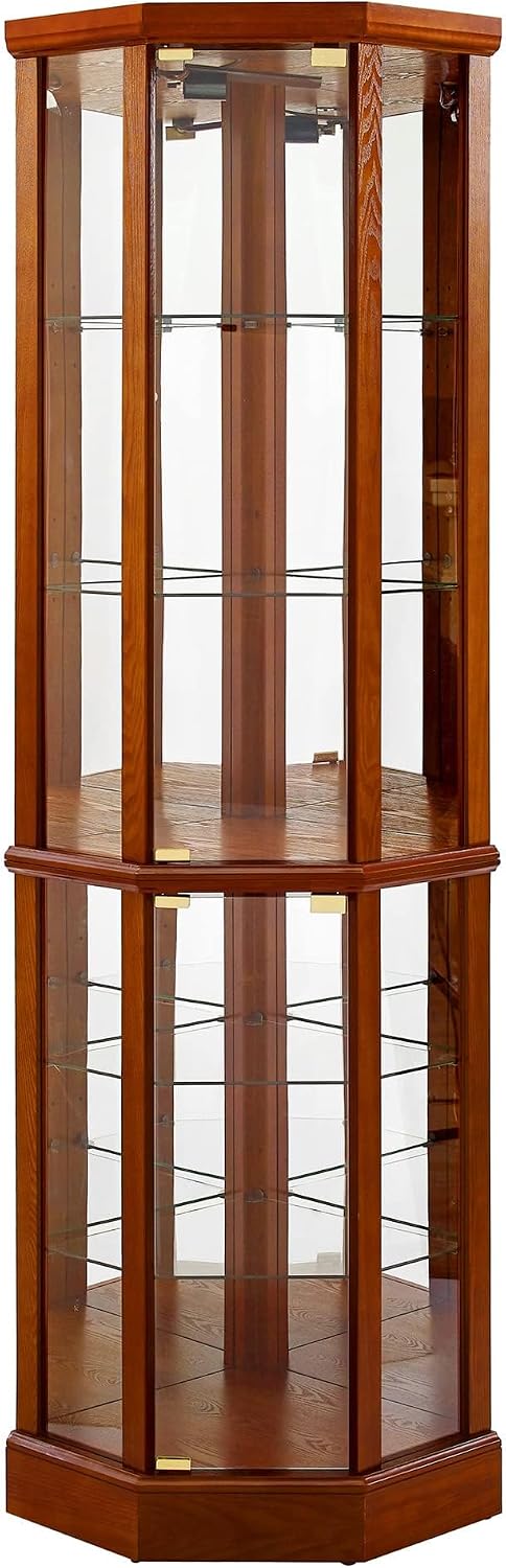 Corner Curio Cabinet, 70' Tall Lighted Glass Display Cage with Tempered Glass Doors and 5 Adjustable Shelves, Wine Bar China Cabinet for Living Room (E26 Bulb Not Inclued) (Oak & Style 2)