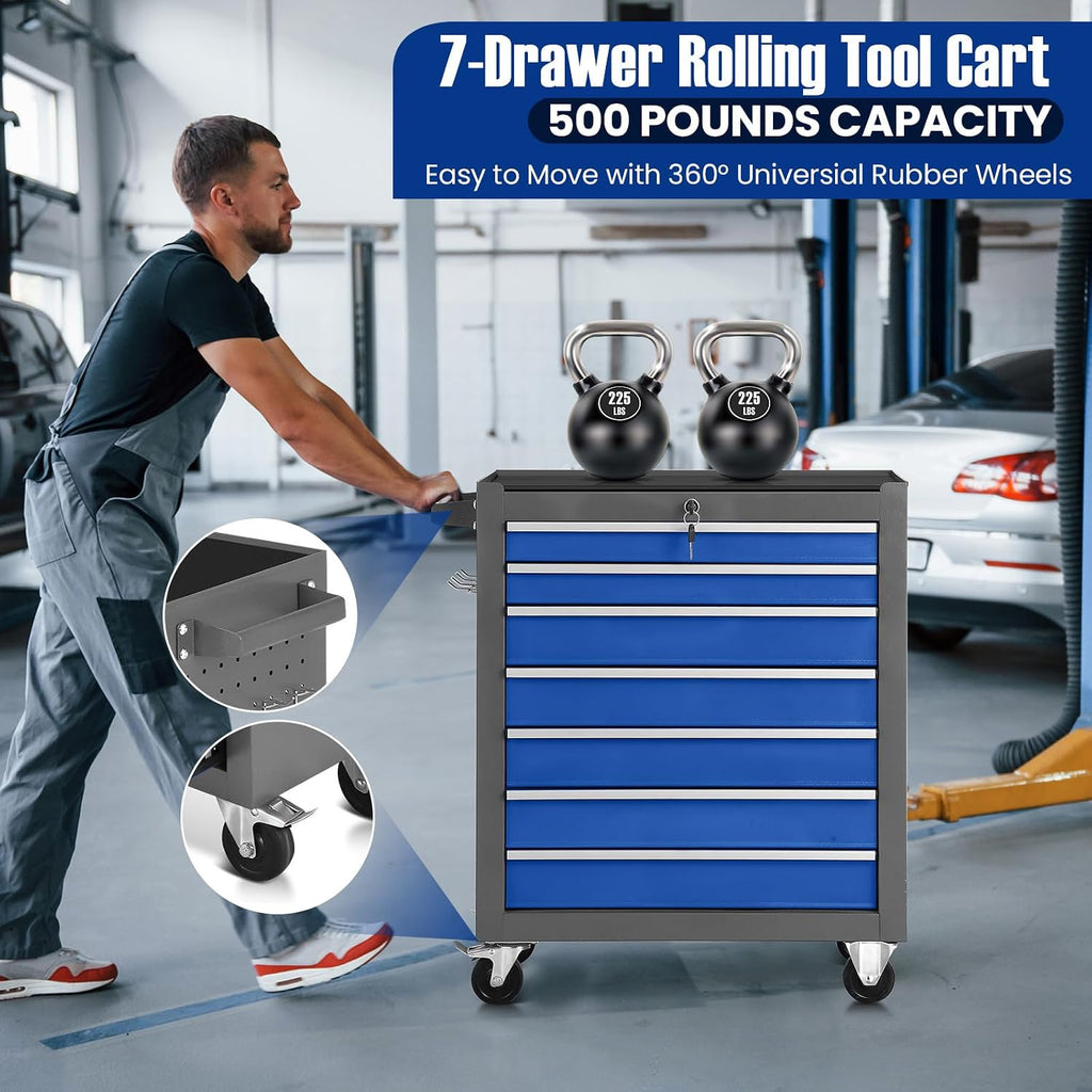 7-Drawer Rolling Tool Chest with Wheels,Tool Cabinet on Wheels with Keyed Locking,Multifunctional Tool Cart on Wheels,Tool Storage Organizer Cabinets for Garage,Warehouse, Repair Shop (Grayish Blue)