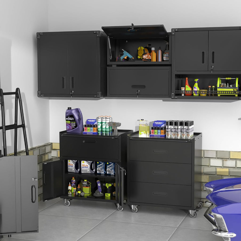 Metal Garage Storage Cabinet with Wheels, Rolling Tool Cabinet with 3 Drawers, Heavy Duty Mobile Steel Cabinet for Garage Warehouse Workshop