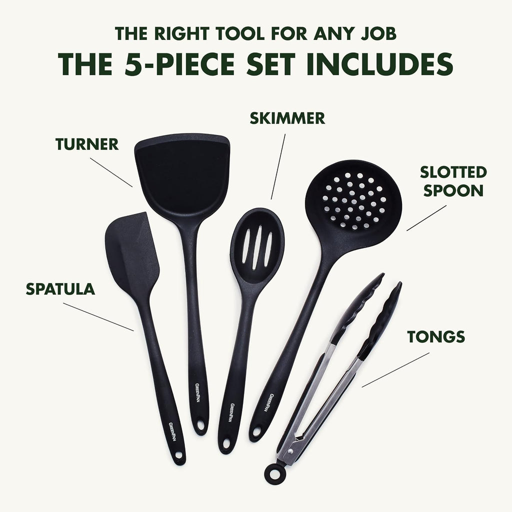 GreenPan Paris Pro Hard Anodized Healthy Ceramic Nonstick, 11 Piece Cookware Pots and Pans Set with Stainless Steel Lids, PFAS-Free, Dishwasher Safe, Grey & Cooking Tools 5 Piece Utensil Set, Black