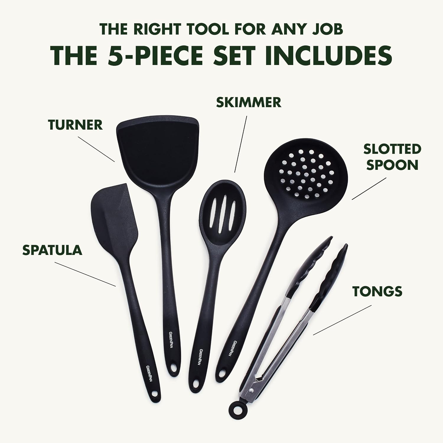 GreenPan Paris Pro Hard Anodized Healthy Ceramic Nonstick, 11 Piece Cookware Pots and Pans Set with Stainless Steel Lids, PFAS-Free, Dishwasher Safe, Grey & Cooking Tools 5 Piece Utensil Set, Black
