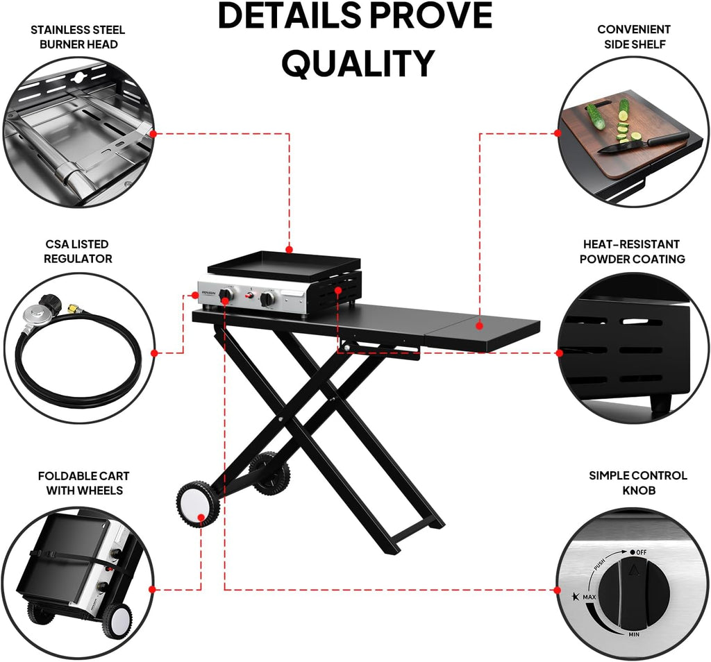 Bonnlo Foldable Flat Top Grill with 2 Burner, Powerful 20,000 BTU Propane Gas Grills with Ignition, Enamel Griddle, Side Shelf & Portable Cart with Wheels for Outdoor Camping Hibachi Grill Use