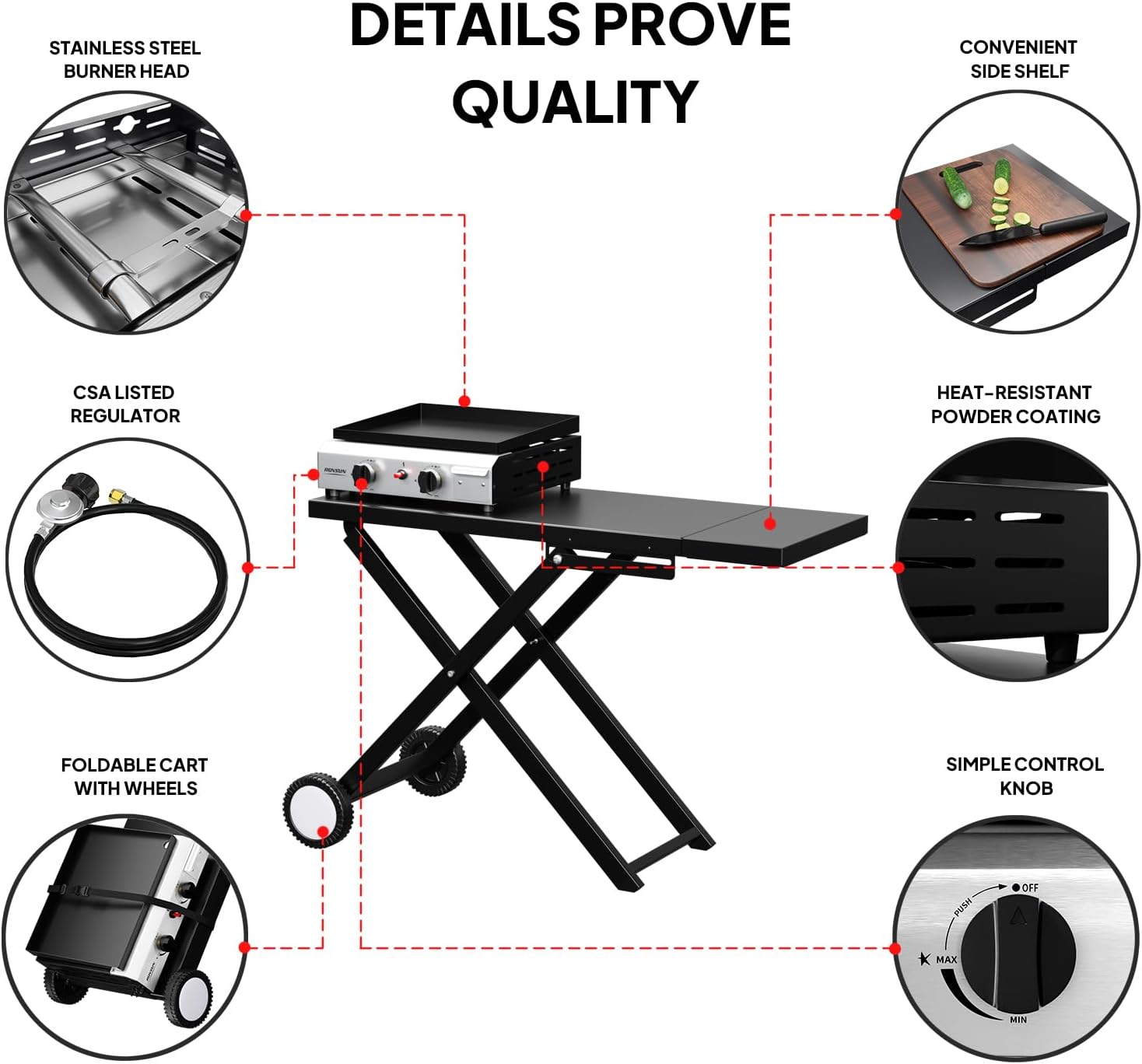 Bonnlo Foldable Flat Top Grill with 2 Burner, Powerful 20,000 BTU Propane Gas Grills with Ignition, Enamel Griddle, Side Shelf & Portable Cart with Wheels for Outdoor Camping Hibachi Grill Use