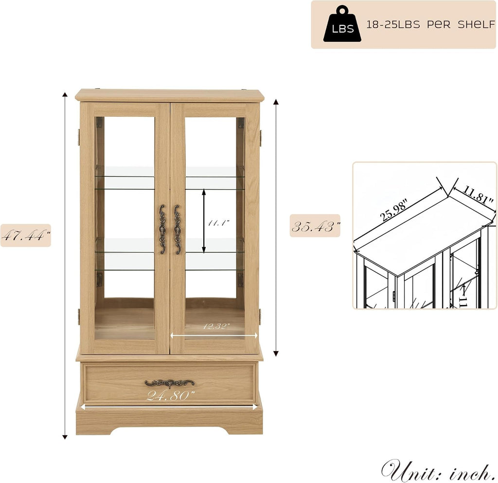47' Lighted Glass Accent Curio Cabinet, 3-Tier Antique Storage Cage with Adjustable Shelves & Drawer, Acrylic Mirrored Pane, Light Blub Included, Small China Cabinet for Living Room (Light Oak)
