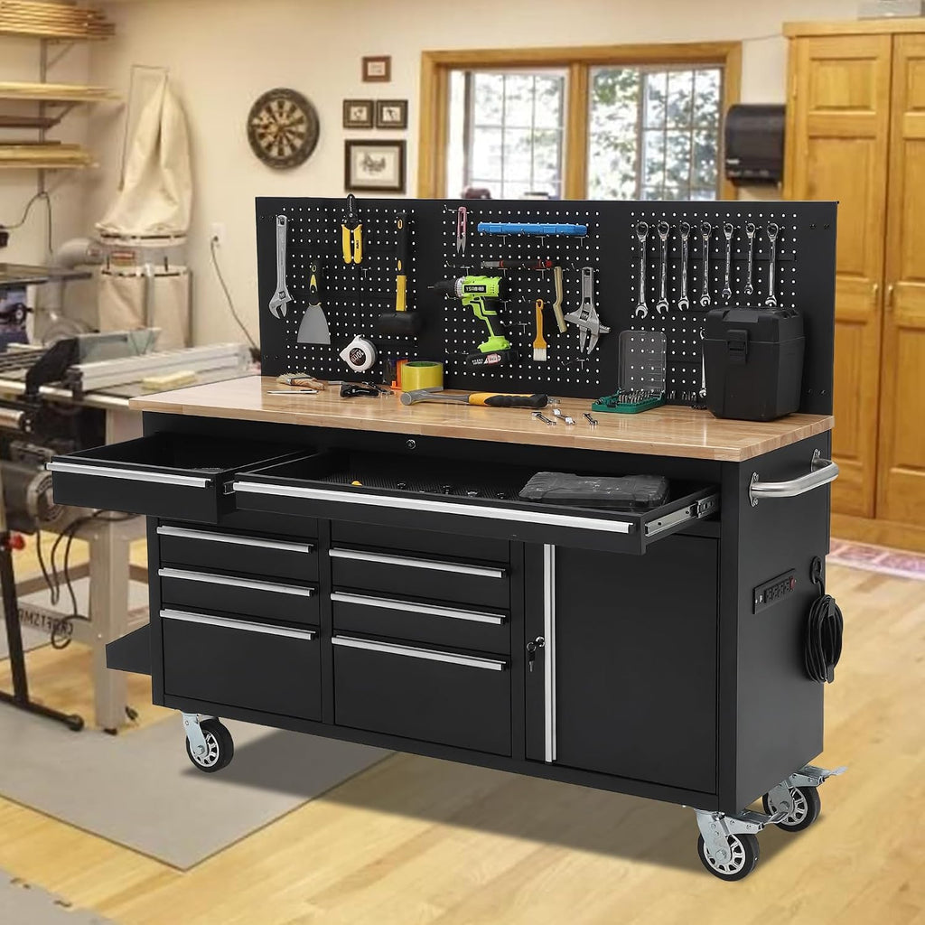 Tool Chest, 61 Inch Tool Box Mobile 9 Drawers Storage Rolling Cabinet with Wheels Lock Key Locking System Drawer Liners for Garage Warehouse Repair Shop, Black