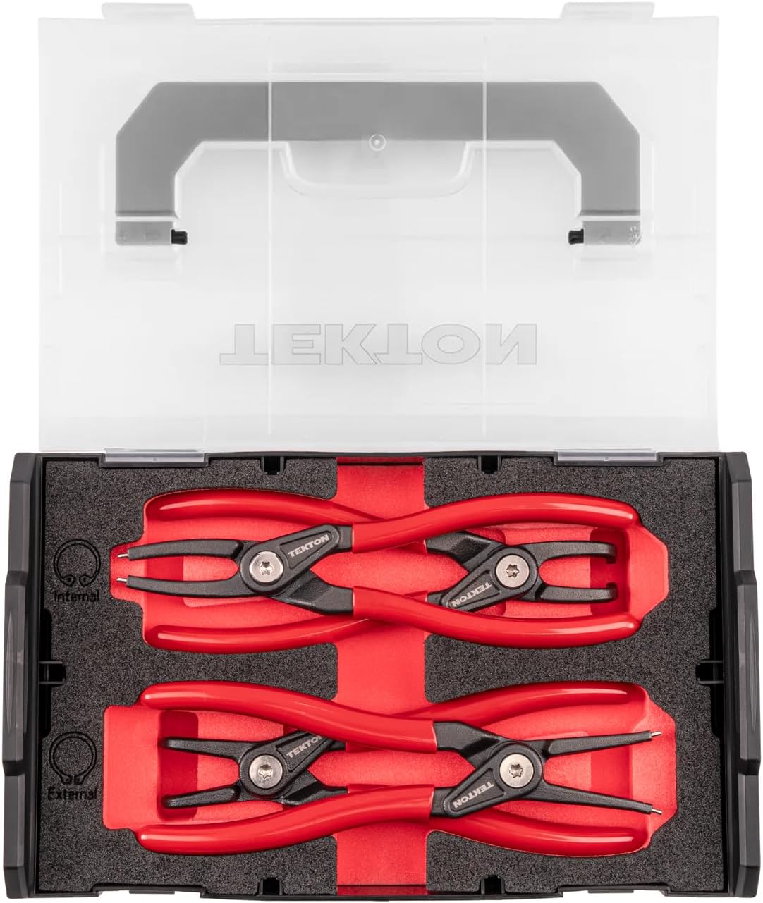 TEKTON 7 Inch Internal and External Retaining Ring Pliers Set with Mini Stacking Tool Box (4-Piece) | PRR96001