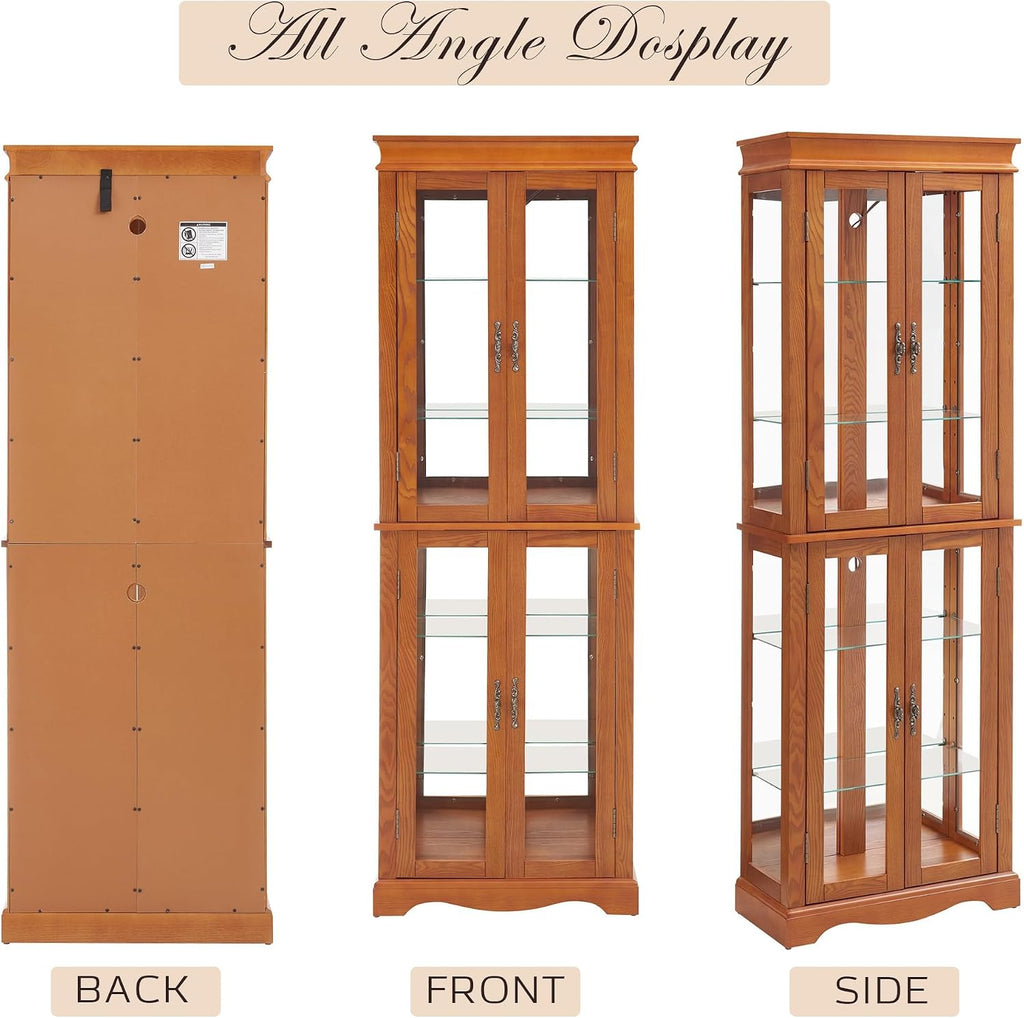 71' Lighted Curio Cabinet with 6 Adjustable Shelves, Vintage Glass Display Case, Tempered Glass Doors, Tall Wine Bar Cabinet for Living Room Liquor Storage, Bulb Included