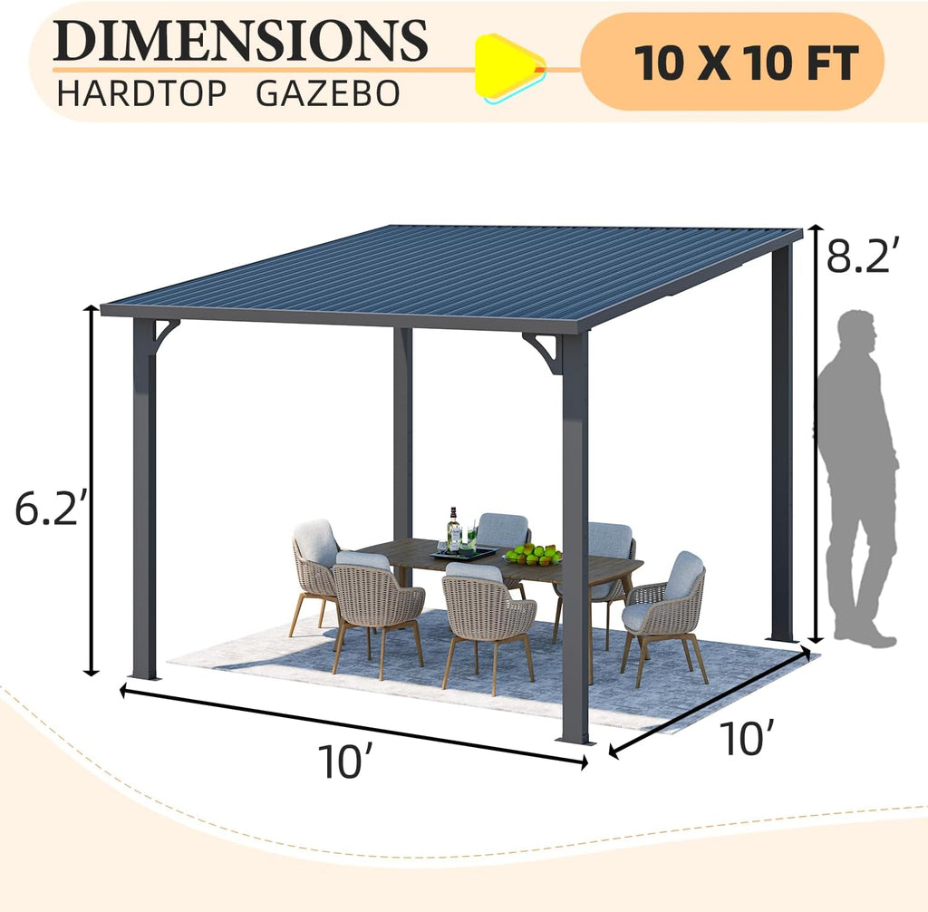AECOJOY 10' x 10' Hardtop Gazebo Outdoor Pergola, Heavy Duty Lean to Metal Pergolas and Gazebos Clearance, Wall-Mounted Grill Gazebo Galvanized Steel Patio Roof Awnings for Patio, Decks