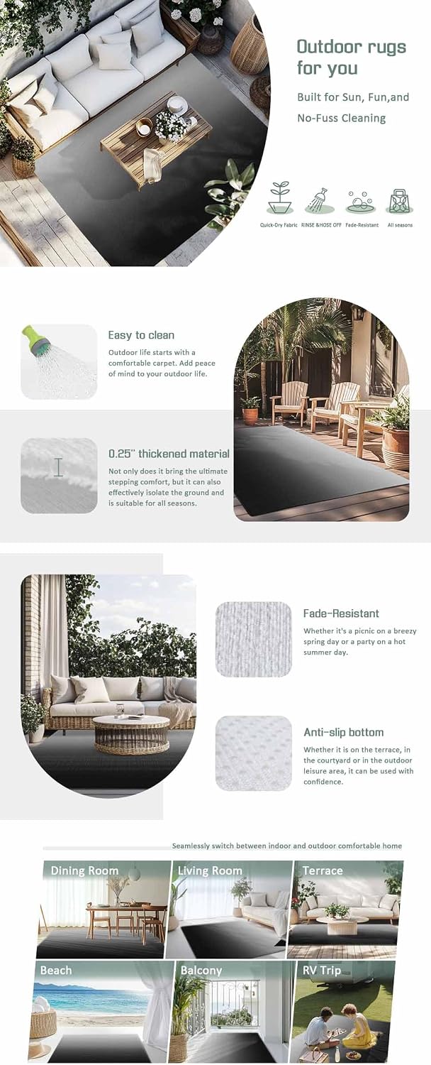 Outdoor Rug 4x6ft Abstract Ombre Grey and Black Patio Area Rugs Waterproof Easy Cleaning Non Shedding Thick Mats Geometric Carpet for Indoor Outdoor Porch Deck Backyard Balcony