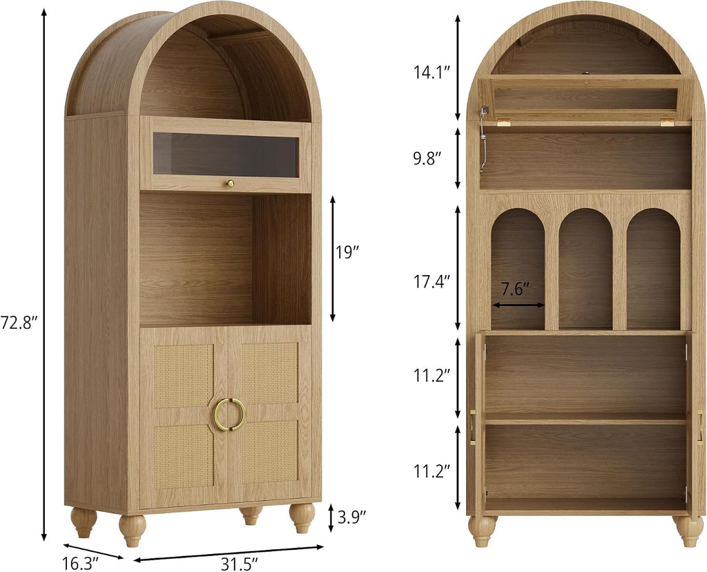 LIKIMIO 72.8' Tall Arched Cabinet, 5-Tier Bookshelf, LED Light Display Cabinet with Glass Doors, Rattan Storage Pantry with Adjustable Arch Shelf for Kitchen, Living Room, Office, Natural