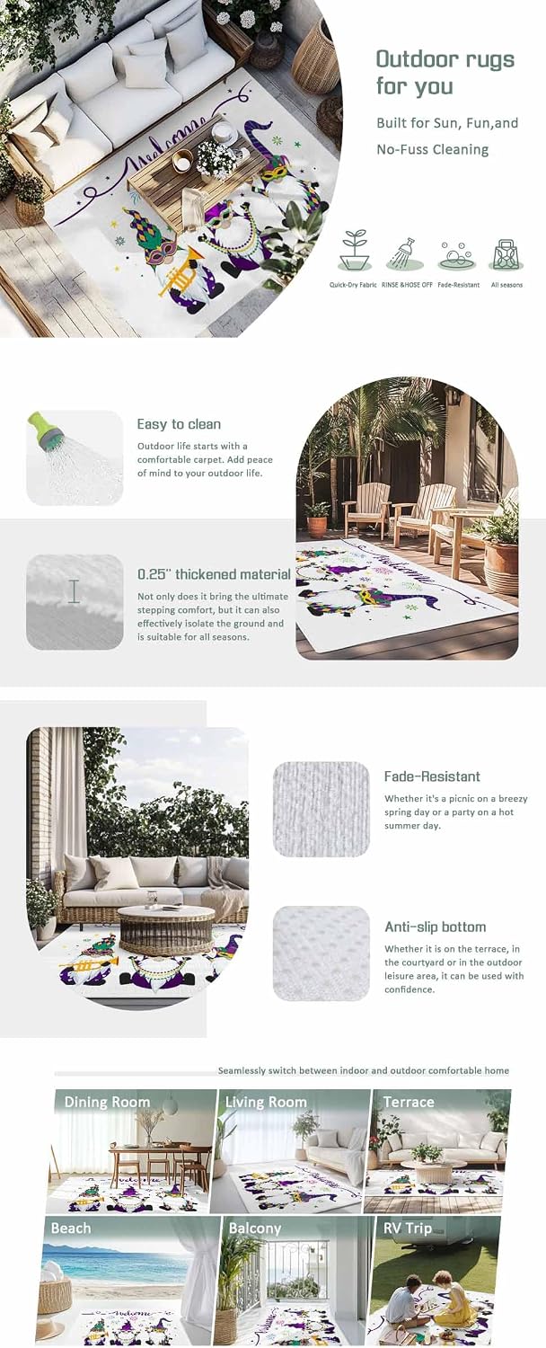 Outdoor Rug 4x6ft Carnival Festival Funny Gnomes Celebration Patio Area Rugs Waterproof Easy Cleaning Non Shedding Thick Mats White Carpet for Indoor Outdoor Porch Deck Backyard Balcony