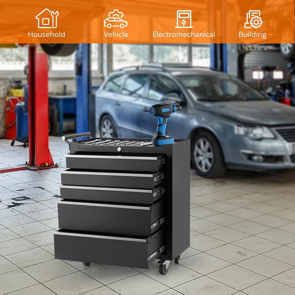 5-Drawer Tool Chest With Wheels, Rolling Tool Cart With Universal Wheels, Sliding Drawers and Protective Liner, Lockable Storage Cabinet for Garage, Workshop, Warehouse