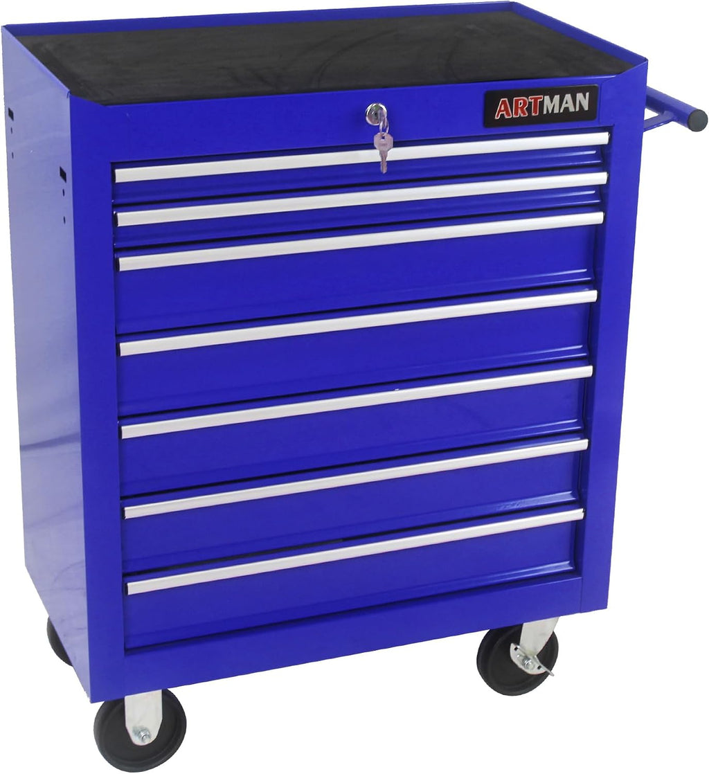 7 Drawers Tool Cart on Wheels, 7 Drawer Rolling Tool Chest with Key Lock, Trolley Organizer Tool Case, Multifunctional Rolling Tool Box for Garage,Warehouse,Workshop,Repair Shop (Blue)