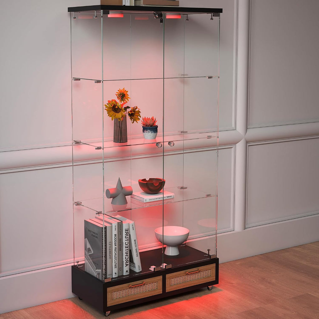 Modern Glass Display Cabinet with LED Light 4-Shelf Curio Cabinets with Rattan Drawer and Wheels,Tempered Glass Display Shelf Bookcase for Living Room Home Office