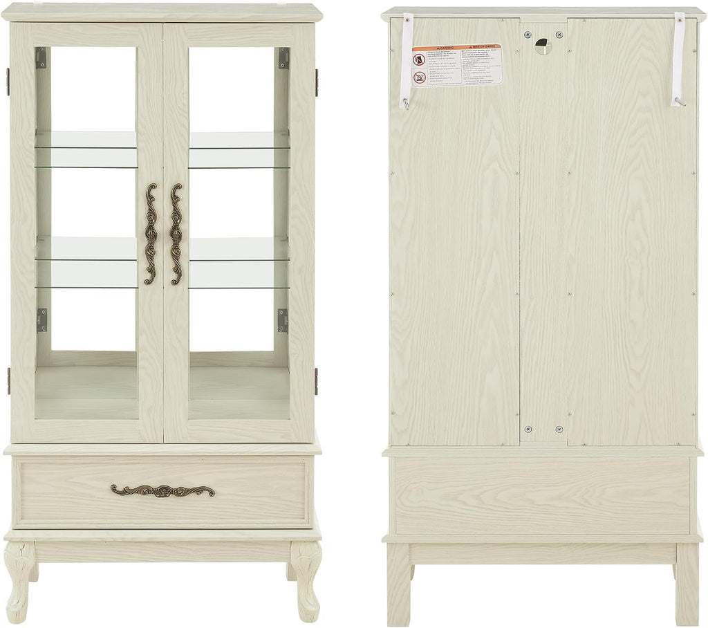 51' H Lighted Curio Cabinet Display Case, Glass Curio Cabinet with Adjustable Shelves,Tempered Glass Door and Drawer, Wooden Cabinets w/Mirrored Back Pane for Living Room (Antique White)