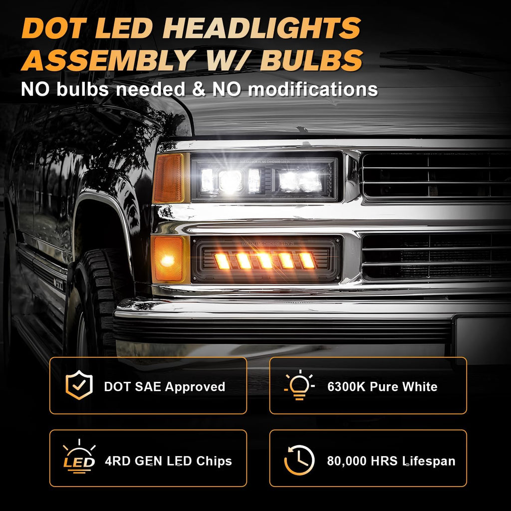 RAMJET4X4 DOT LED Headlight Assembly Hi/Low Beam Turn Signal Fit for 1988-1998 Chevy GMC C/K 1500 2500 3500 Silverado Suburban Tahoe Yukon Sierra OBS Truck