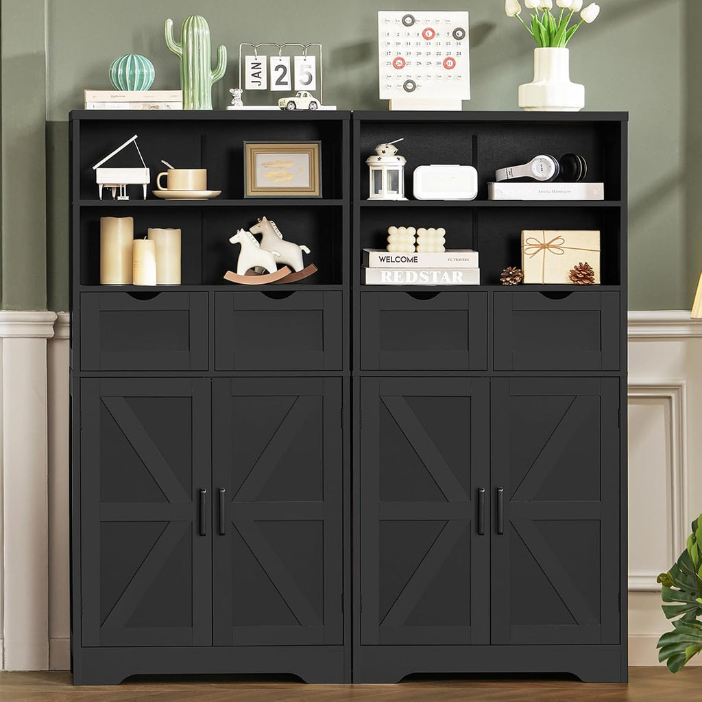TEENFON Storage Cabinet with Doors & 2 Drawers, Kitchen Cabinet with Adjustable Shelf, Pantry Cabinets, Bathroom Cabinets, for Living Room, Entryway, Home Office, Black