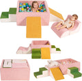 6-Piece Modular 30D High-Density Foam Climbing Blocks for Toddlers 6-24 Months,OEKO-TEX Certified Soft Play Set with Large Ball Pit,Pink Indoor Crawling Toys for Baby Girls (Balls Not Included)