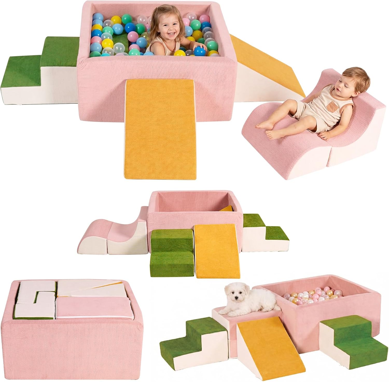 6-Piece Modular 30D High-Density Foam Climbing Blocks for Toddlers 6-24 Months,OEKO-TEX Certified Soft Play Set with Large Ball Pit,Pink Indoor Crawling Toys for Baby Girls (Balls Not Included)