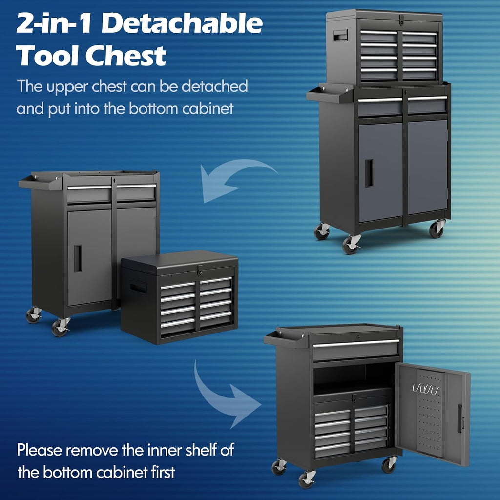 S AFSTAR 5-Drawer Rolling Tool Chest, Tool Storage Cabinet with Lockable Wheels, Adjustable Shelf & Anti-Slip Liner, Detachable Tool Box Organizer Tool Cabinet for Garage Workshop (Black & Gray)