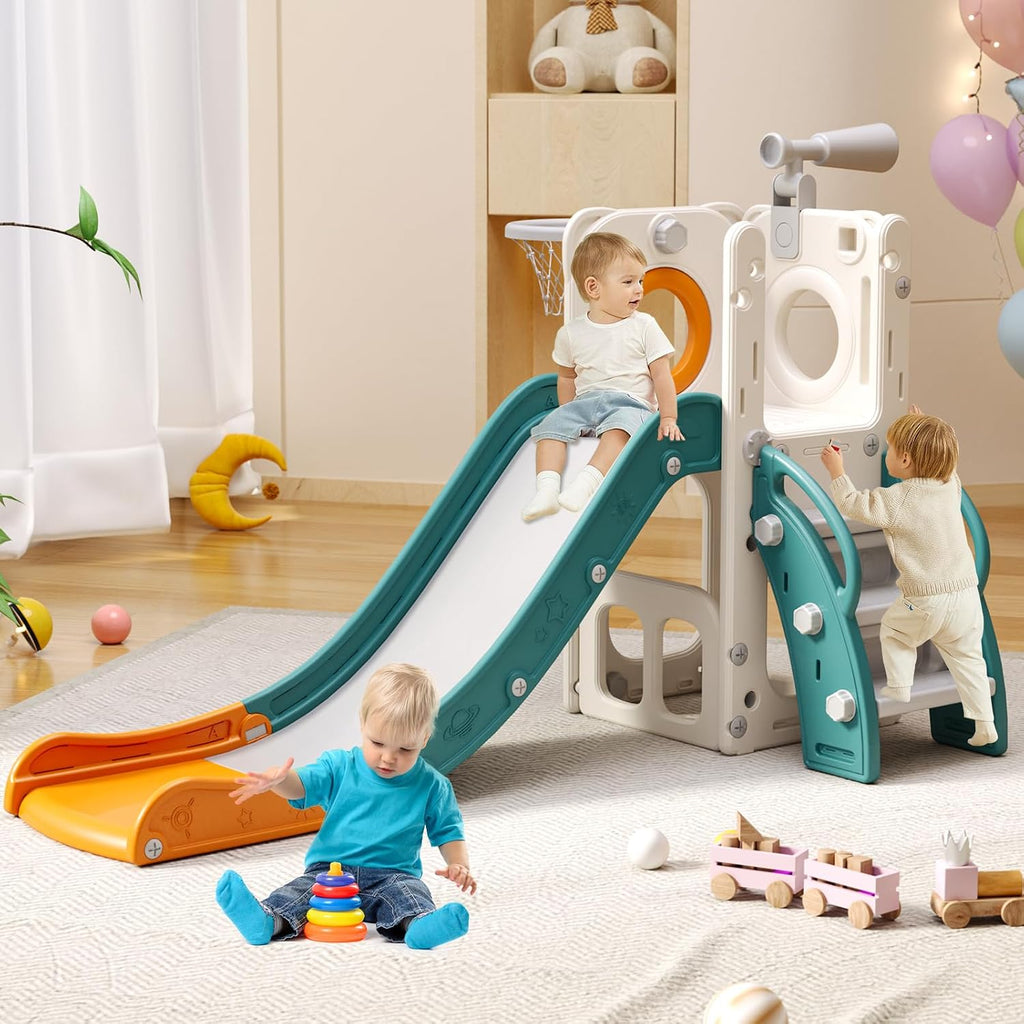 6 in 1 Toddler Playset with Slide,Toddler Slide,Slide for Kids with Basketball Hoop,Ball,Ring Toss,Kids Slide Toddler Playground Toddler Slide Indoor Outdoor Toys