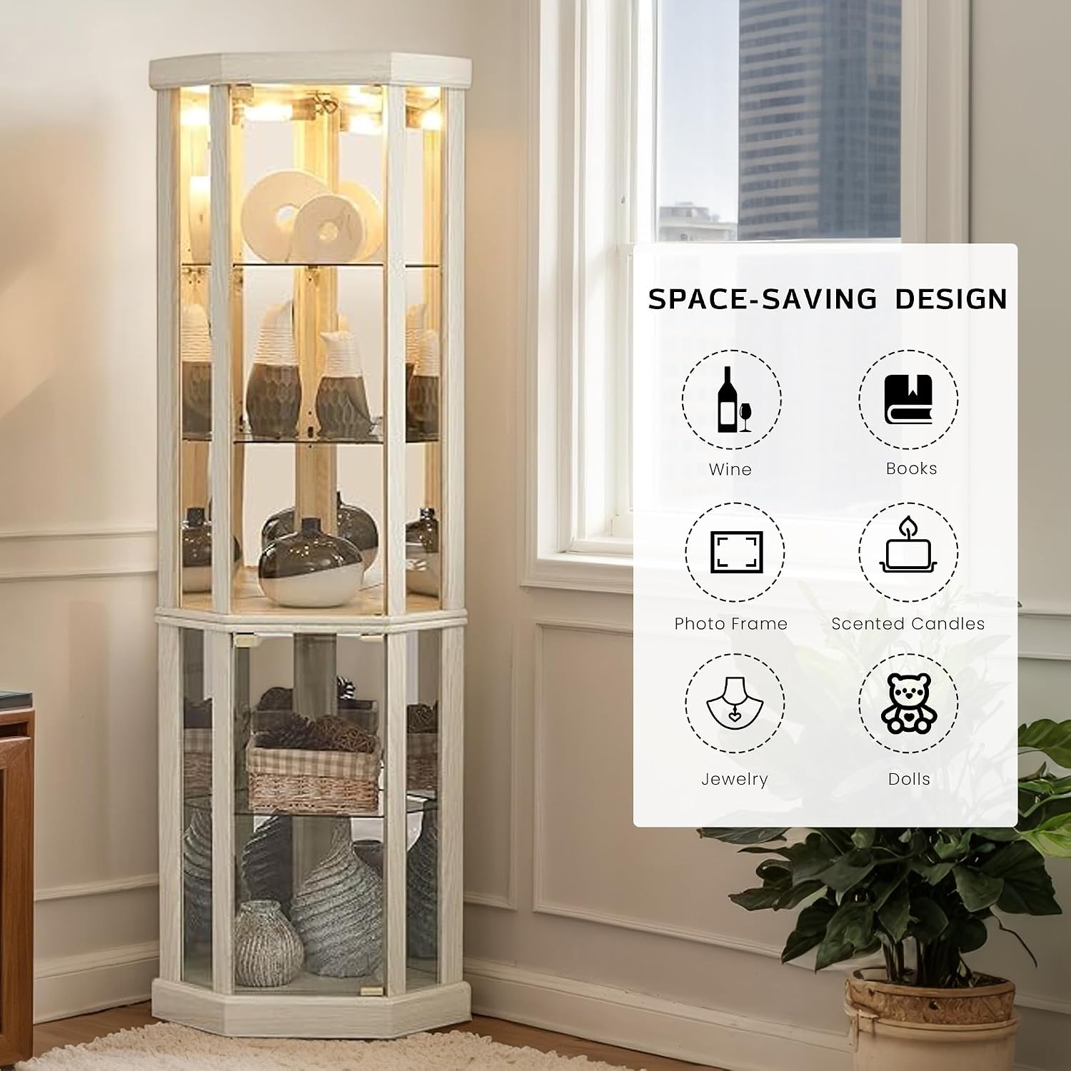 Corner Curio Cabinet, 70' H Lighted Glass Display Cage with Tempered Glass Doors and 5 Adjustable Shelves, Light Bulb Inclued, Wine Bar China Cabinet for Living Room (White)