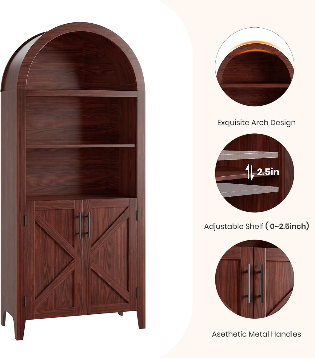 IDEALHOUSE Arched Kitchen Pantry Cabinet with Doors - 5-Tier Open Display Shelf with Nice Texture, Farmhouse Storage Cabinet for Kitchen, Dining Room, Living Room, Walnut