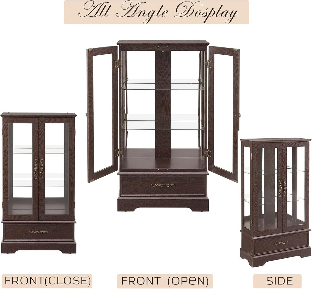 47' Lighted Glass Accent Curio Cabinet, 3-Tier Antique Storage Cage with Adjustable Shelves & Drawer, Acrylic Mirrored Pane, Light Blub Included, Small China Cabinet for Living Room (Dark Cherry)