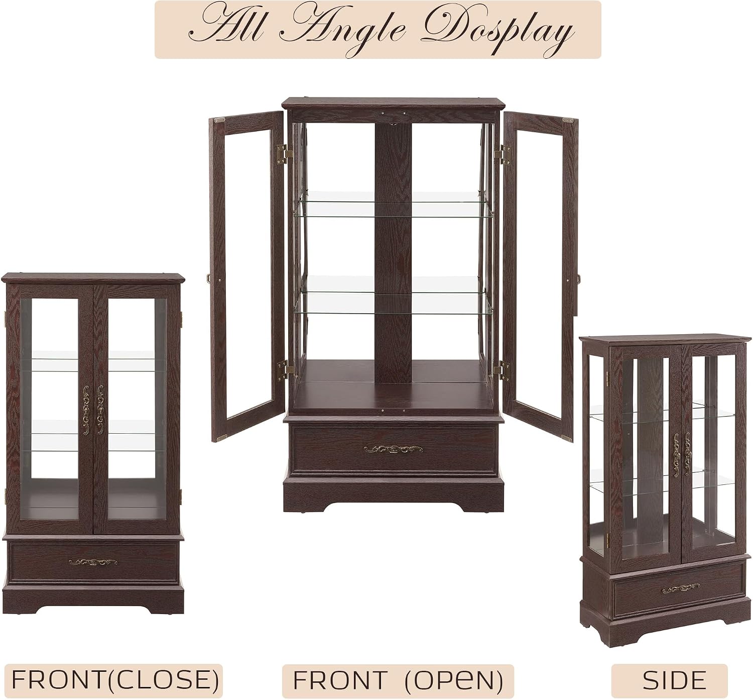 47' Lighted Glass Accent Curio Cabinet, 3-Tier Antique Storage Cage with Adjustable Shelves & Drawer, Acrylic Mirrored Pane, Light Blub Included, Small China Cabinet for Living Room (Dark Cherry)