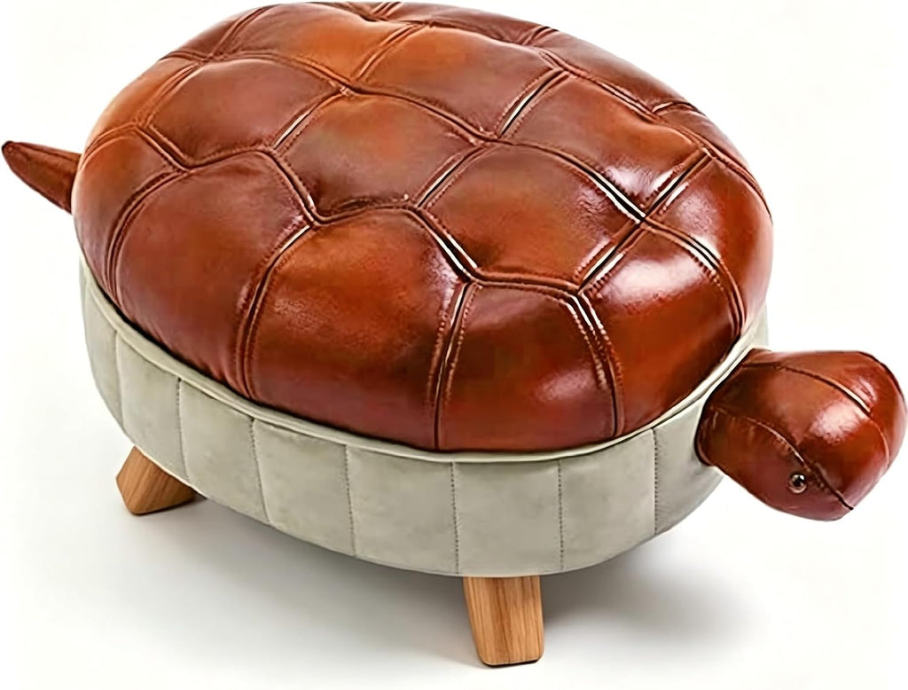 Animal Footstool Turtle Upholstered Ottoman PU Leather Pouf Wood Foot Stool Rest for Living Room Bedroom Sofa Bench Seat Chair, Reddish Brown, Small