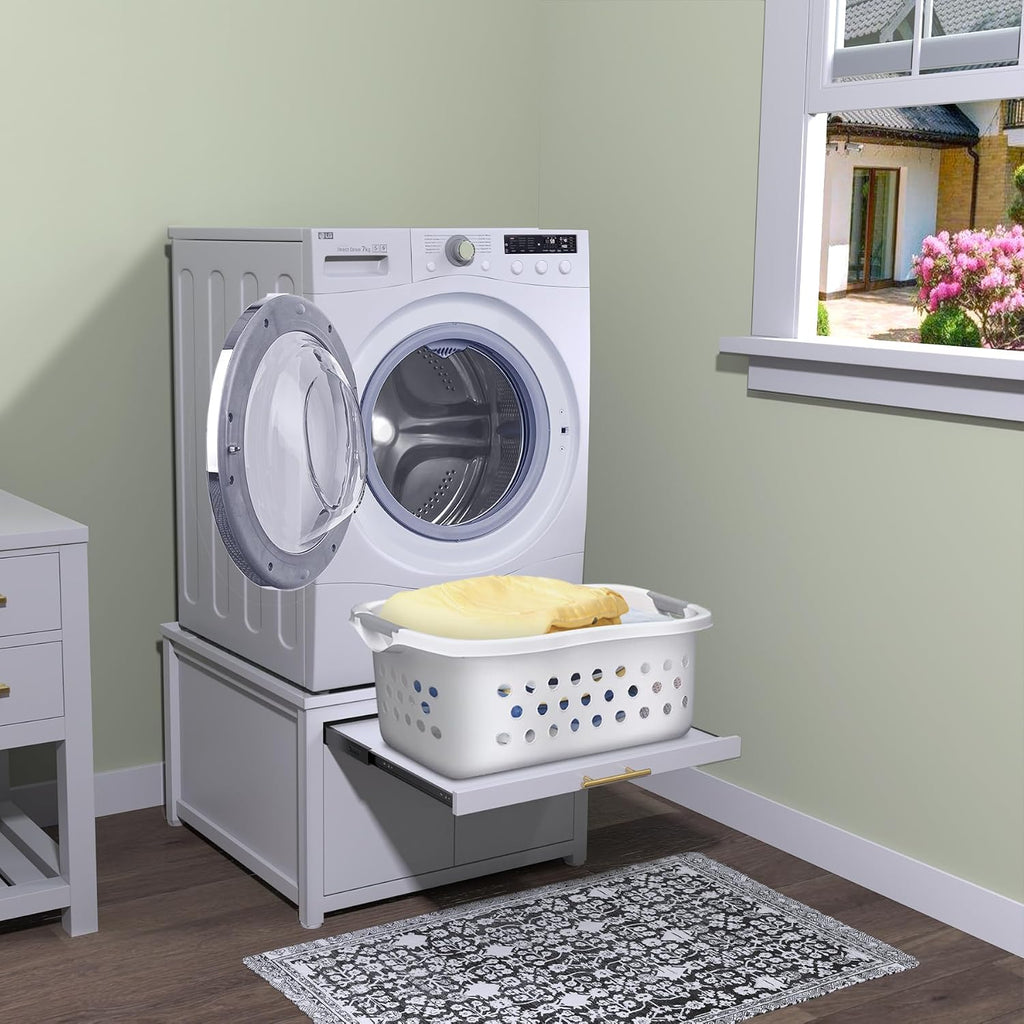 GDLF Laundry Pedestal Heavy Duty Metal Washer and Dryer Stand 29' Universal Fit Anti-Vibration Washing Machine Stand with Laundry Basket Shelf and Built-in Drain Pan + Hose,770 LBS Capacity,White