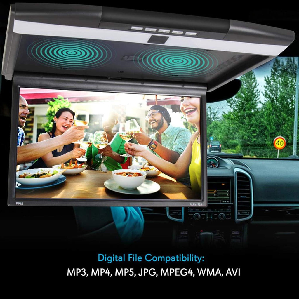 Pyle Car Overhead Monitor Screen Display - 17.3 inch. LCD Vehicle Flip Down Roof Mount Console - HDMI TV Player Control Panel w/ Built-in IR Transmitter for Wireless IR Headphone - Pyle PLRV1725